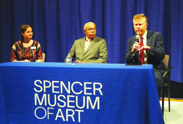 Sydney Pursel, curator of public practice at Spencer Museum of Art at University of Kansas, the Rev. Wheeler Parker and Dave Tell, a KU professor of communication studies, discuss art and historical exhibits at Spencer Museum tied to the murder of 14-year-old Emmett Till in 1955. (Tim Carpenter/Kansas Reflector)